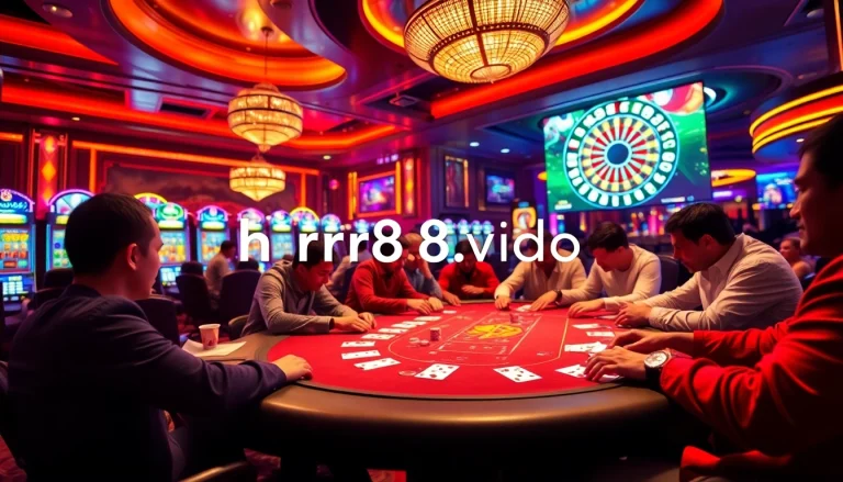 Experience the thrill of gambling at https://rr888.video/, featuring a vibrant poker game and flashing slot machines in a luxurious casino setting.