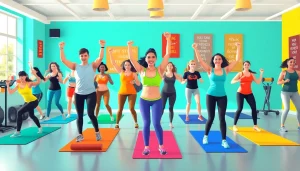 Group engaging in energetic weight loss exercises in a vibrant fitness studio.