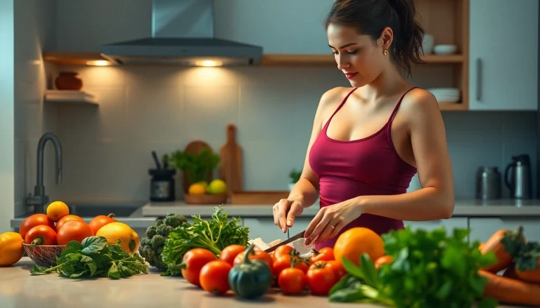 Woman actively preparing fresh ingredients for a Weight Loss meal in a bright, inviting kitchen setting.