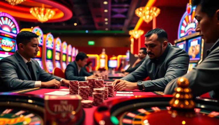 Experience thrilling casino action at https://69vnbl.com/ with poker players at a luxurious table amidst dazzling slots.