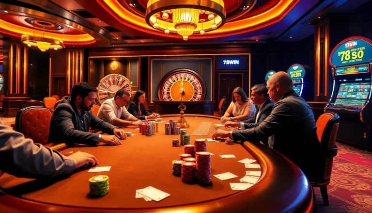 Experience high-stakes betting at https://78win.productions/ with players focused on poker chips and roulette wheels.