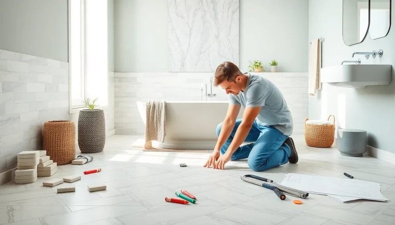 Skilled bathroom remodeling contractor installing stylish floor tiles with quality tools.