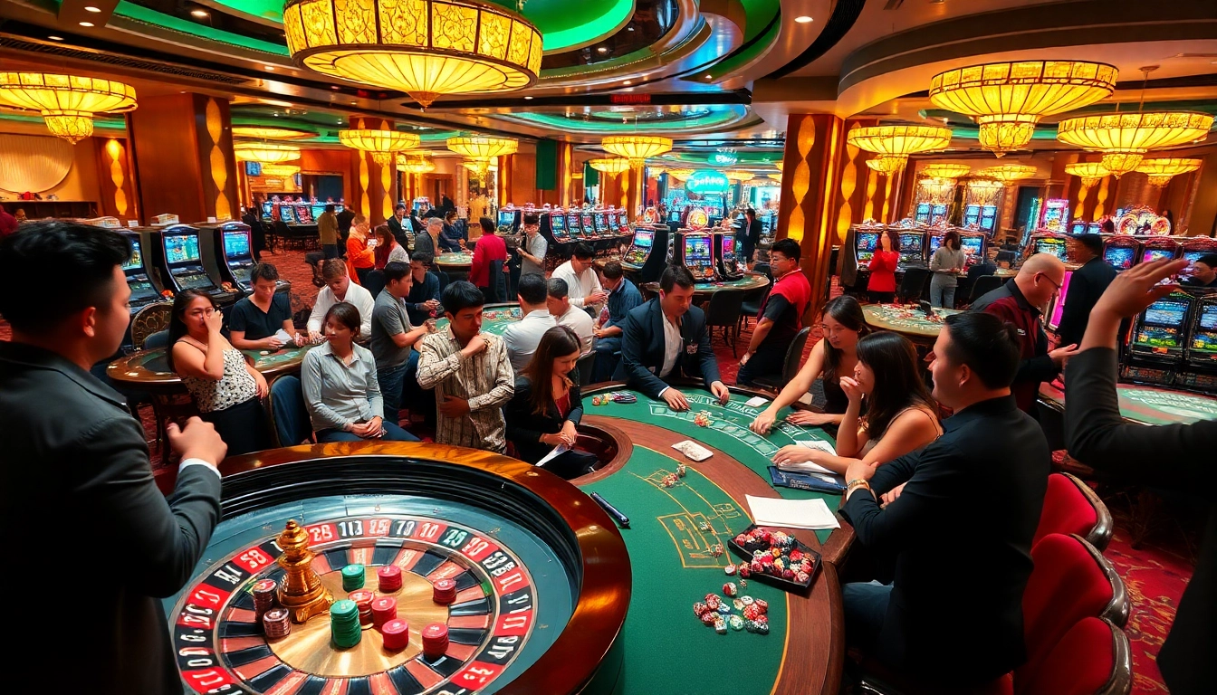 A thrilling moment at the casino, engaging with games at https://nhacaiuytin.place/ featuring poker tables, roulette wheels, and enthusiastic players.