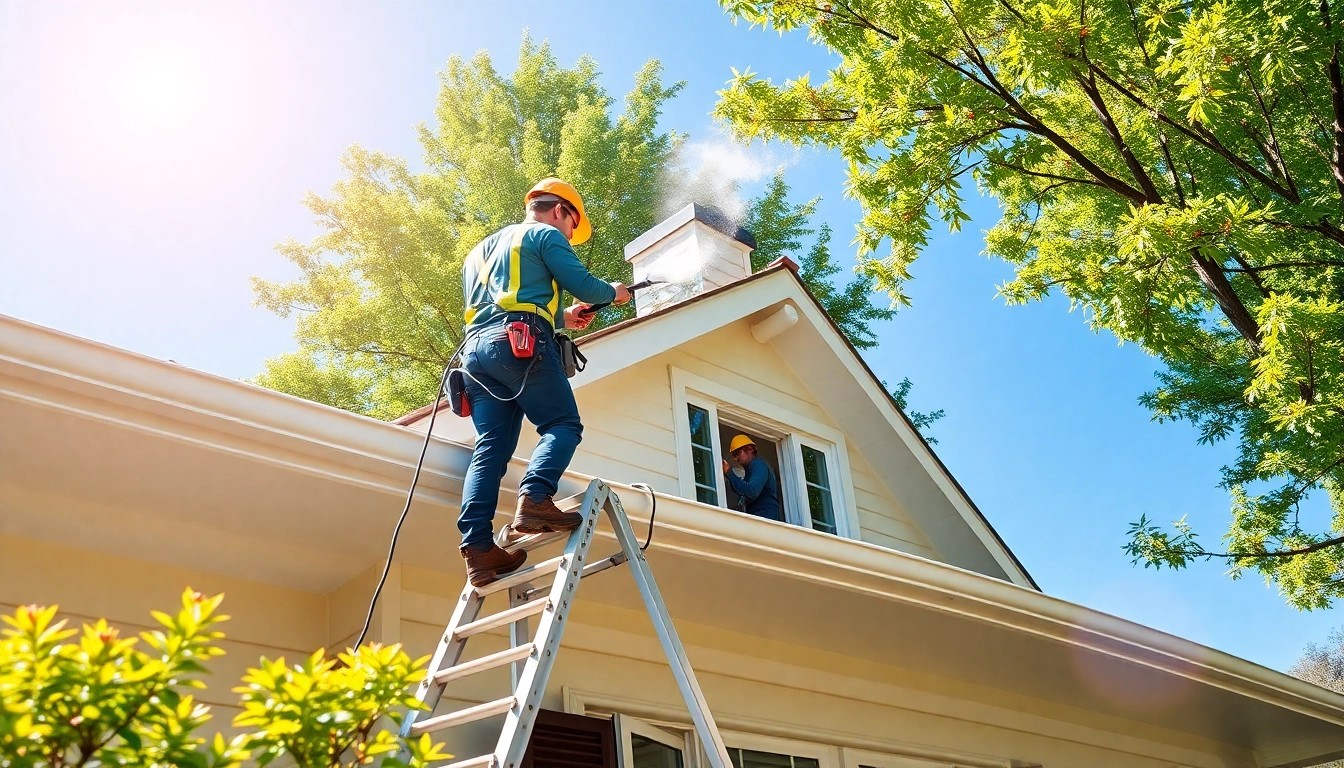 Professional team performing guttering cleaning on a sunny home.