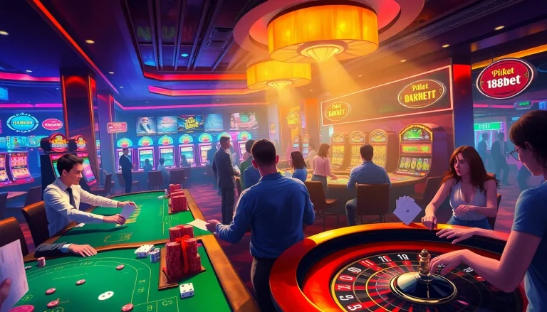 Experience the thrill of the 188bet app with dynamic players at casino tables, vibrant lights, and excitement in the air.