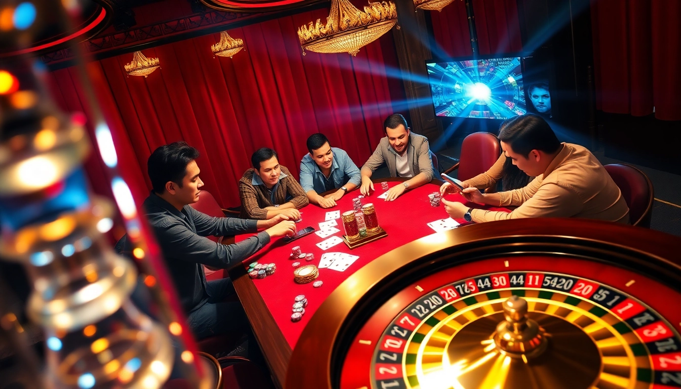 Players at a thrilling poker game in a vibrant casino scene, showcasing an engaging atmosphere at https://thabetvip.biz/.