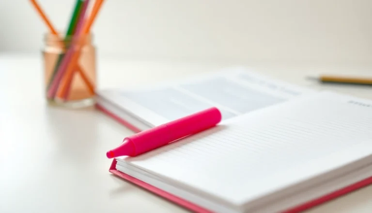 Bright pink highlighter pen resting beside a colorful notebook, perfect for organizing notes.