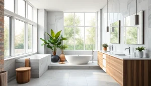 Elegant remodeled bathroom showcasing expertise from a Bathroom Remodeling Contractor with a freestanding tub and stylish vanity.