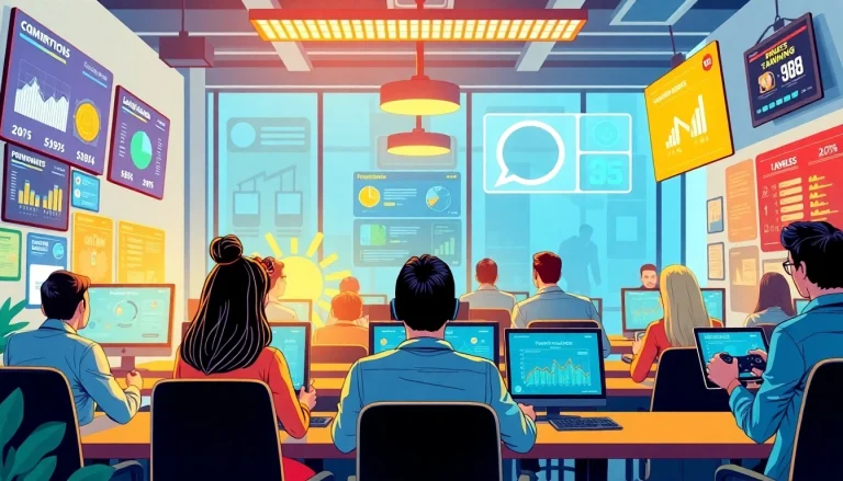 Employees engaging in business gamification activities with leaderboards and performance displays.