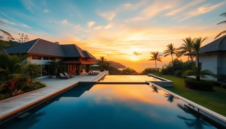 Villa management Phuket: Showcase of a luxurious Phuket villa with a stunning sunset and vibrant landscaping.