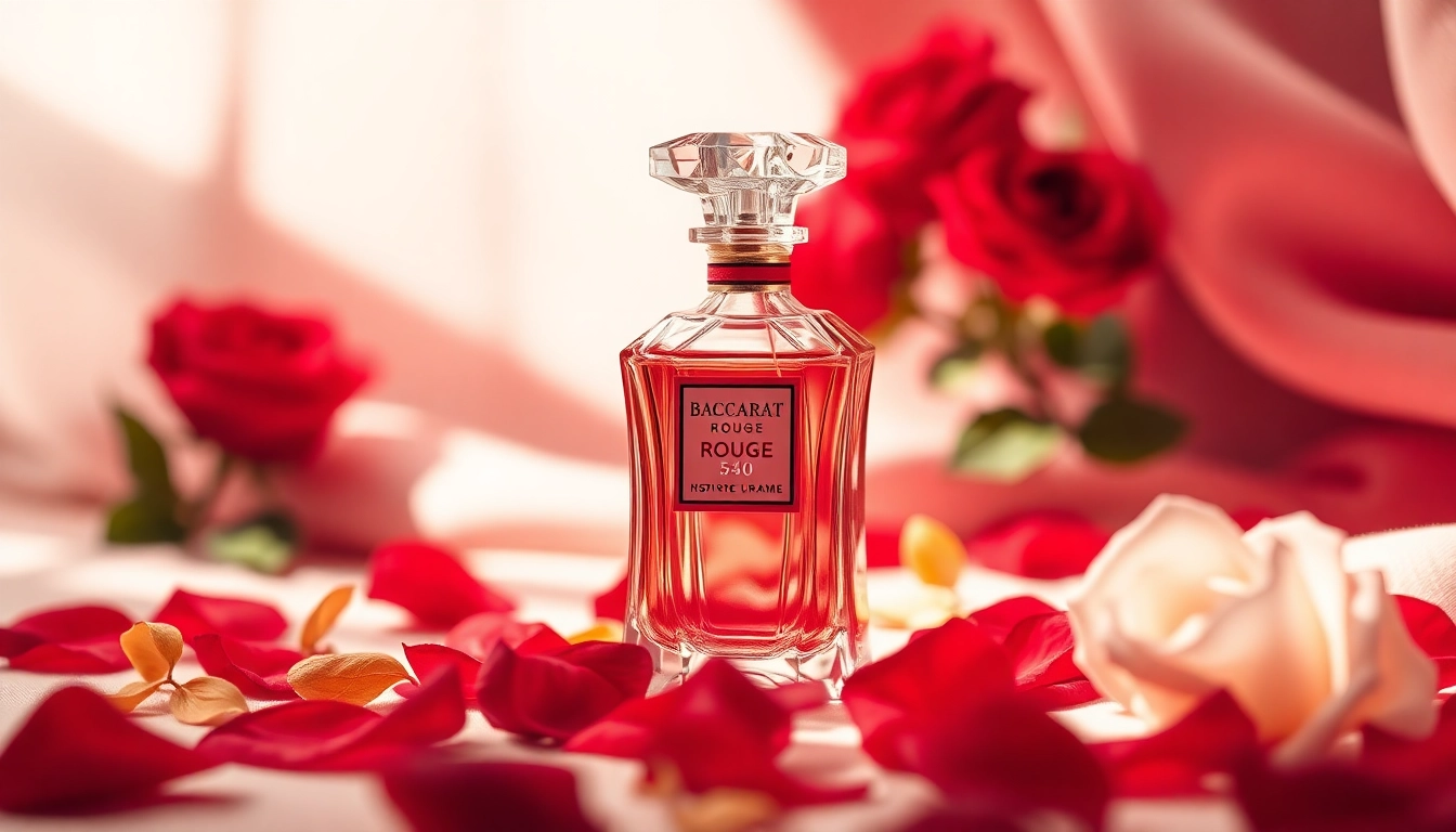 Showcasing a luxurious Baccarat Rouge 540 inspired perfume bottle surrounded by rose petals.
