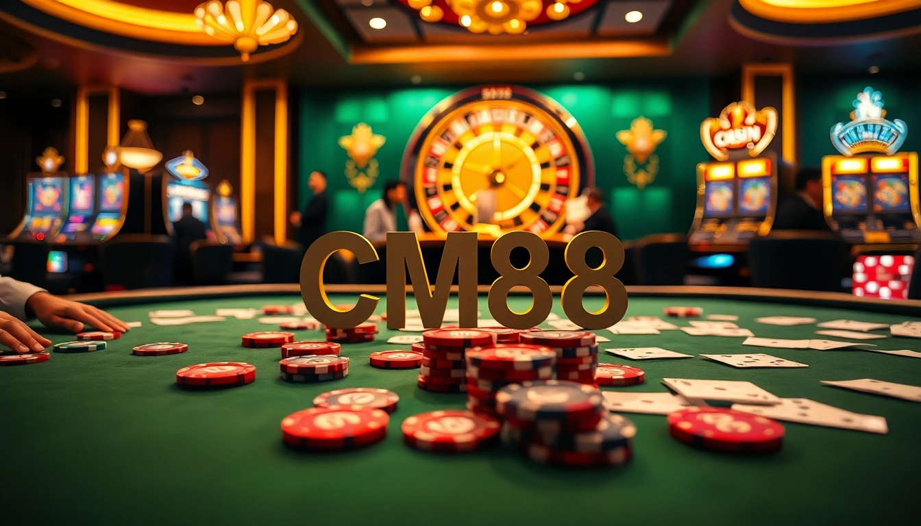 Experience excitement at CM88 casino's poker table with players, chips, and a roulette wheel.