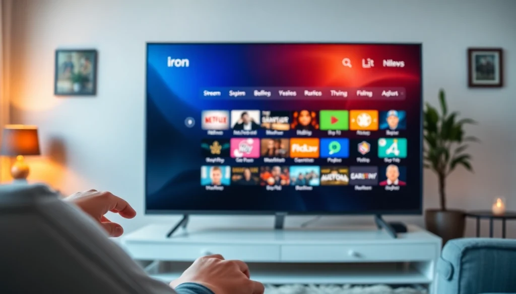 Experience the features of Iron TV Pro in a vibrant streaming interface within a cozy living room setting.