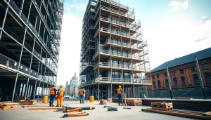 Enhancing Scaffolding Manchester, workers actively constructing a secure scaffolding site.