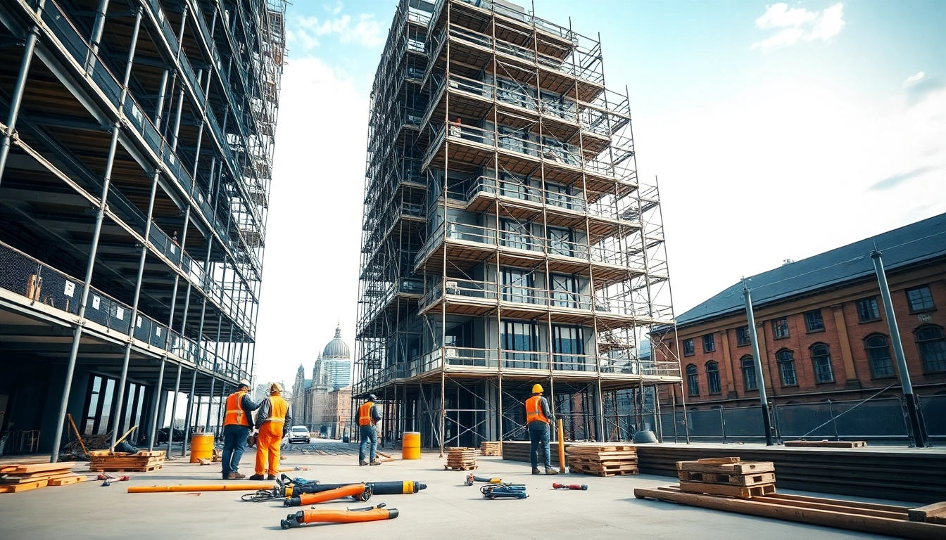Enhancing Scaffolding Manchester, workers actively constructing a secure scaffolding site.