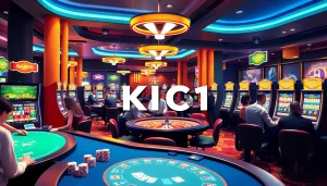 A vibrant casino scene showcasing KJC AC 1, with players at poker and roulette tables, filled with action and excitement.