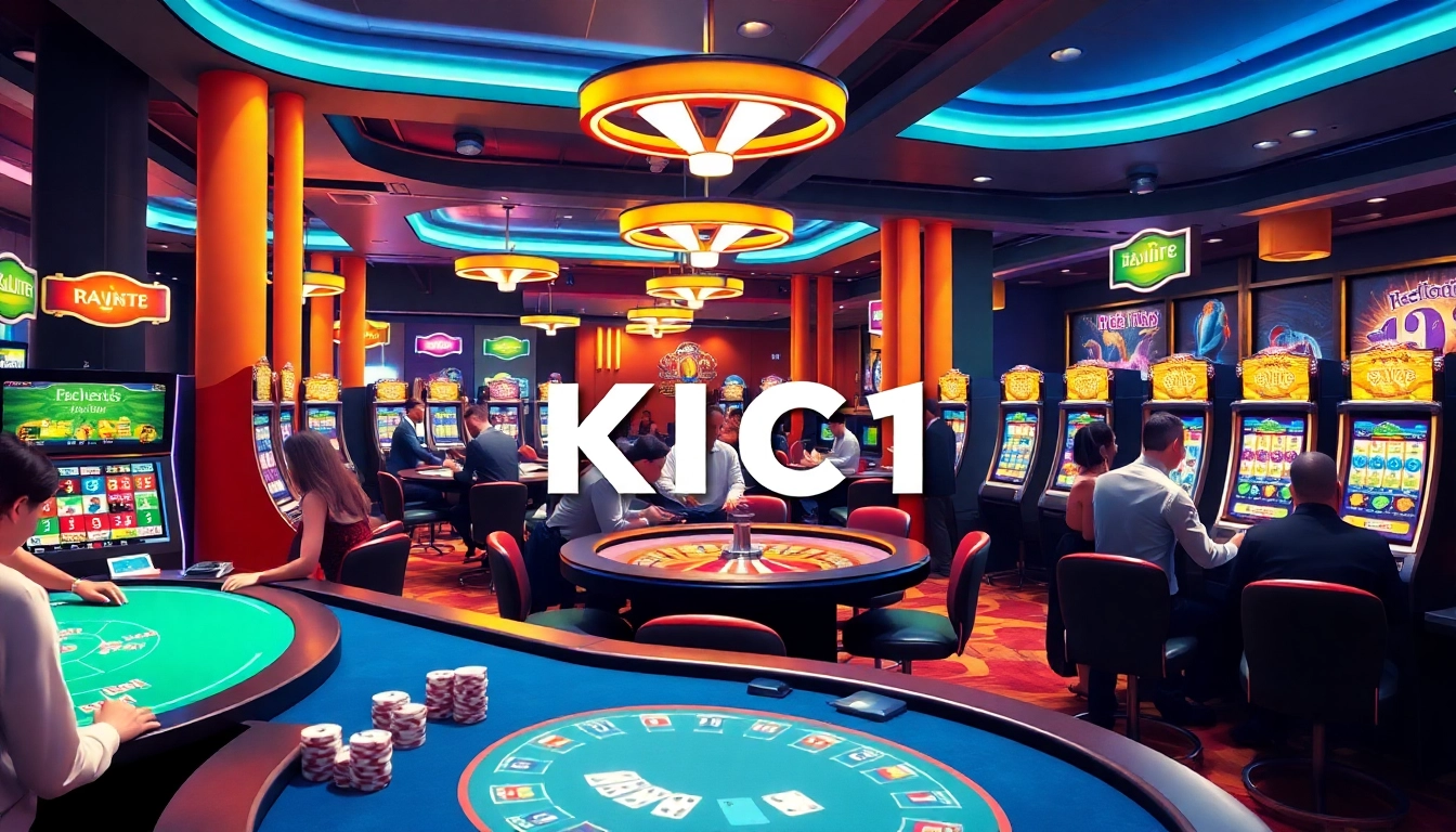A vibrant casino scene showcasing KJC AC 1, with players at poker and roulette tables, filled with action and excitement.