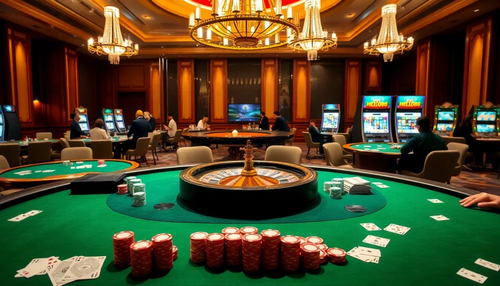 Players enjoying a thrilling game at Hello88, with poker chips and cards highlighted.