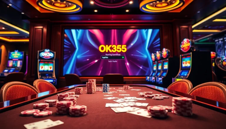 Players engaging with the OK365 login interface amidst a luxurious casino backdrop.