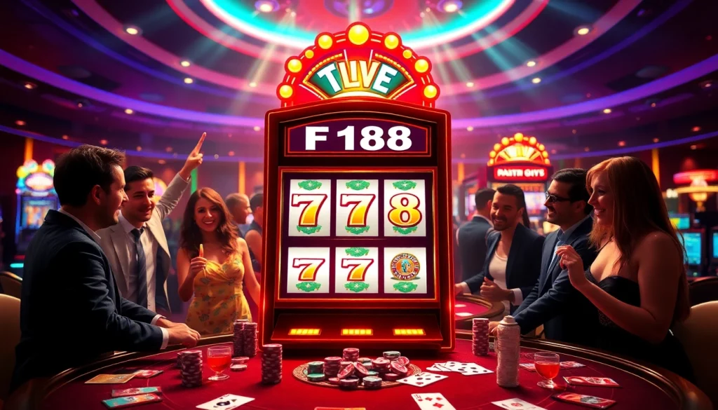 Players enjoying F 168 slot machines in a luxurious casino environment with vibrant lights.