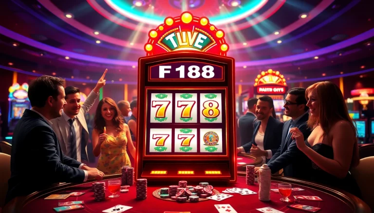 Players enjoying F 168 slot machines in a luxurious casino environment with vibrant lights.