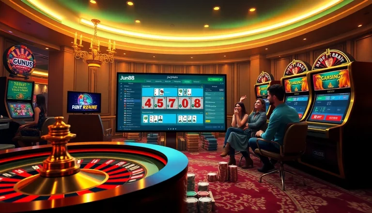 Engaging scene of nhà cái jun88 featuring vibrant casino elements like roulette and poker chips.