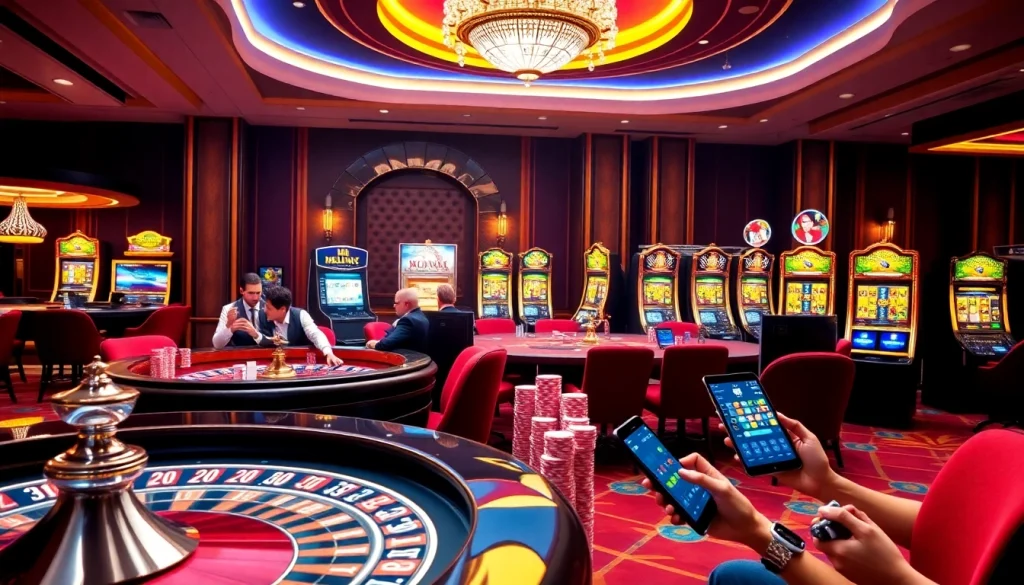 Players enjoying a lively casino atmosphere at https://777vipst.com/ with poker chips and slot machines.
