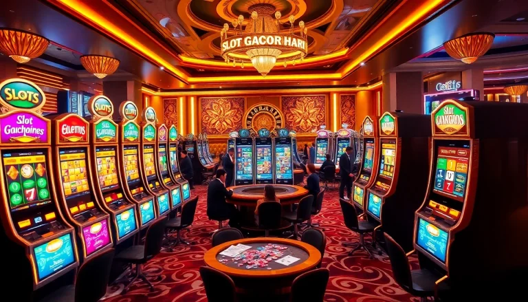 Engage in Slot Gacor Hari ini with exciting casino visuals of vibrant slot machines and poker chips.
