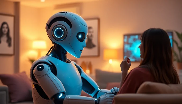 Futuristic AI companion engaging in conversation in a cozy living room, highlighting sex ai themes.
