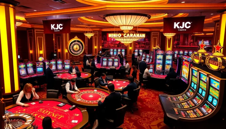 KJC-themed vibrant casino atmosphere with poker tables, roulette wheel, and lively players.