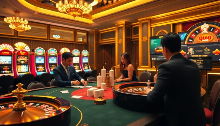 Experience the thrill of QQ888 as players engage in high-stakes poker at a luxurious casino table.