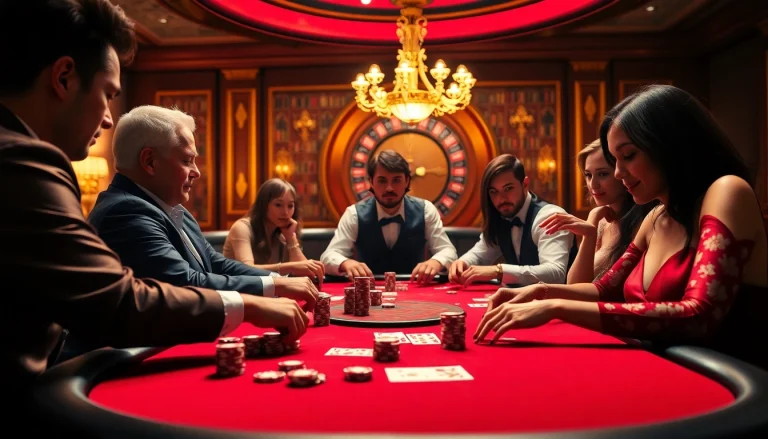 Players enjoy a thrilling poker game at tha-bet with vibrant chips and cards in luxurious surroundings.