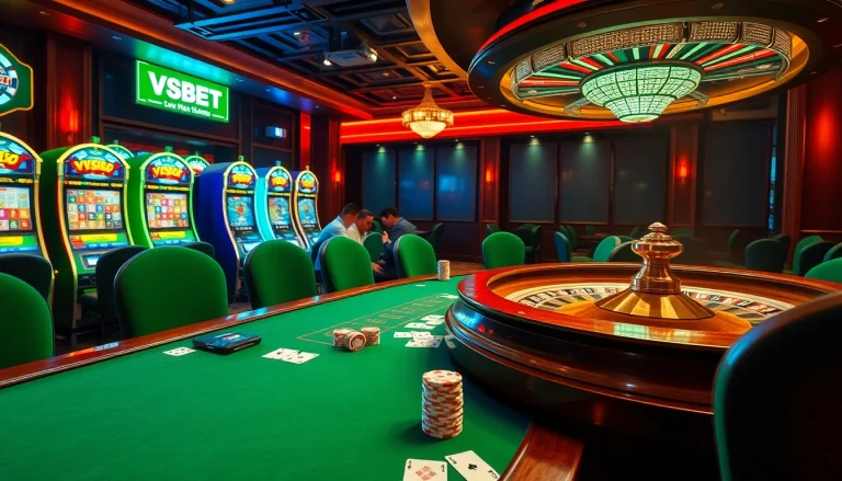 Players enjoying a thrilling poker game at VSBET casino, surrounded by vibrant slot machines and roulette.
