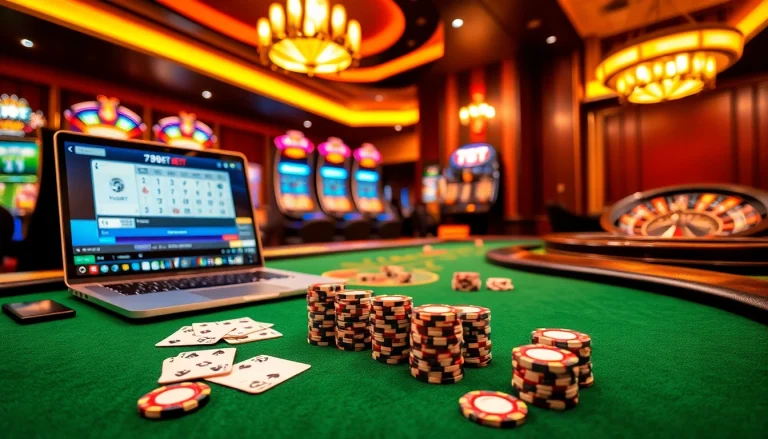 Exciting gameplay at 789BET online casino with a vibrant poker table, high-stakes chips, and elegant slot machines.