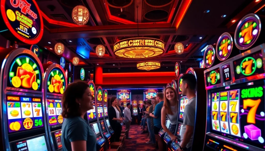 Exciting slot machine scene showcasing players engaging with doaslot slot, colorful reels, and casino atmosphere.
