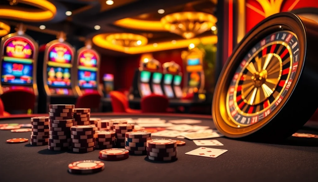 Engage with birutoto as players enjoy intense casino action at a vibrant poker table surrounded by slot machines.