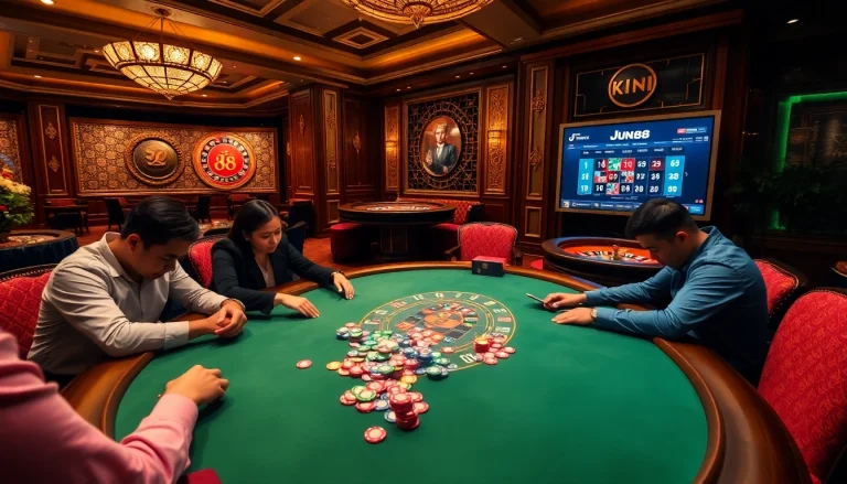 Players enjoy a thrilling game at Jun 88's luxurious casino table, surrounded by vibrant betting options.