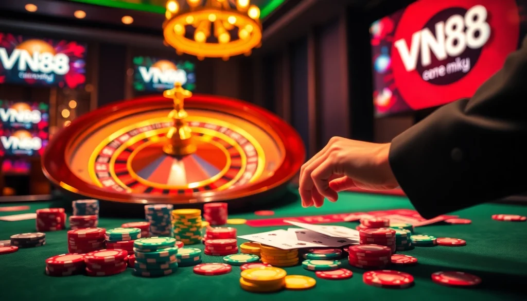 Engaging scene of a player betting at a casino table, highlighting VN88 as the gaming brand.