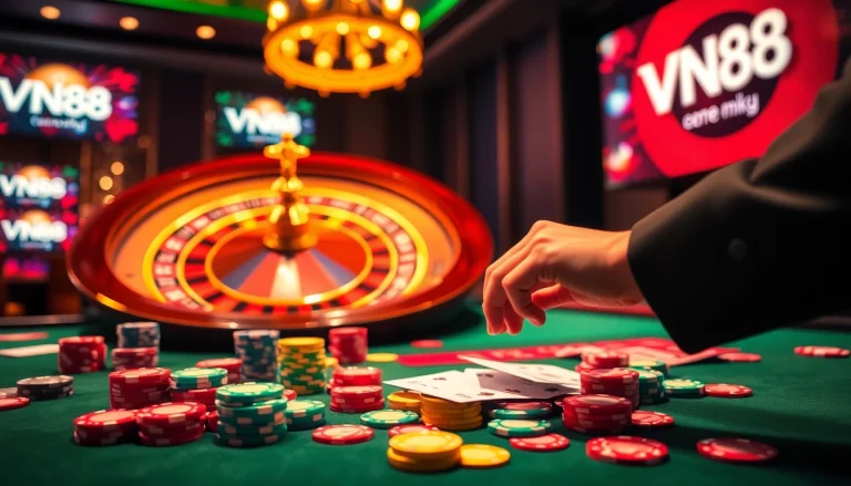 Engaging scene of a player betting at a casino table, highlighting VN88 as the gaming brand.