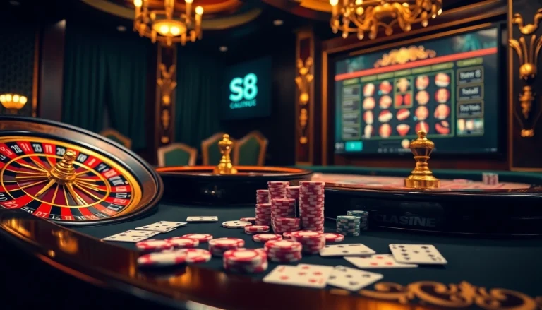 Experience thrilling casino action with vibrant s8 roulette wheel and glamorous poker scene.
