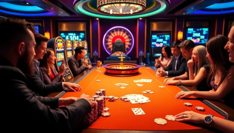 Players enjoying the excitement of nổ hũ at a vibrant casino slot table with flashing lights.