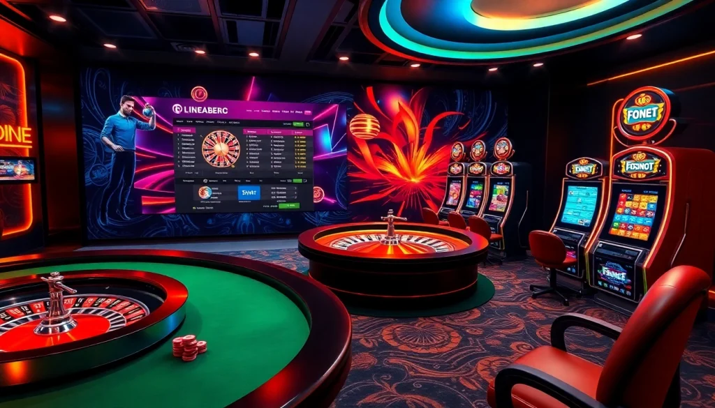 Experience thrilling online gambling with interactive features at https://f8bet.dental/, showcasing vibrant slot machines and a roulette wheel.