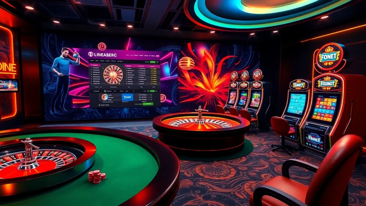 Experience thrilling online gambling with interactive features at https://f8bet.dental/, showcasing vibrant slot machines and a roulette wheel.