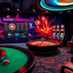 Experience thrilling online gambling with interactive features at https://f8bet.dental/, showcasing vibrant slot machines and a roulette wheel.
