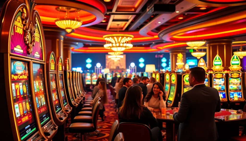 Excited players enjoying Slot Online games at a vibrant casino, embodying the thrilling atmosphere.
