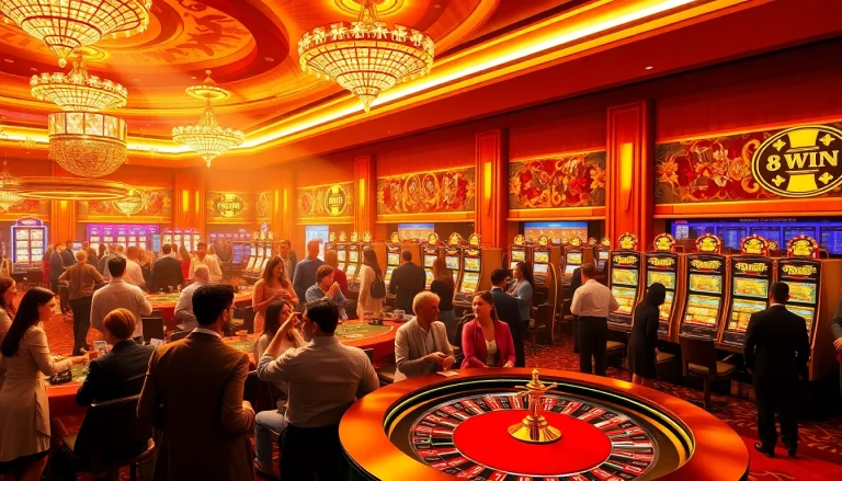 Engaging casino atmosphere at 78 WIN featuring players at roulette and slot machines.