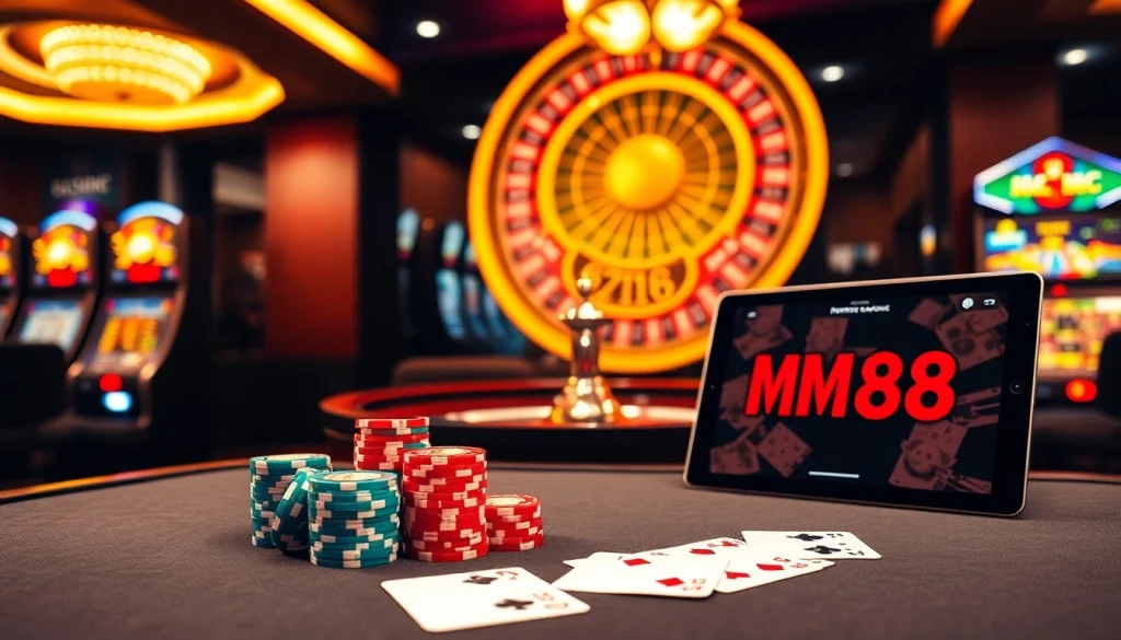 Gambling excitement with MM88 poker chips on a vibrant casino table.