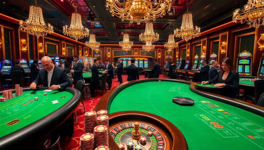 Excited gamblers playing in a luxurious casino scene showcasing https://king88.limited/ with vibrant tables and dealers.