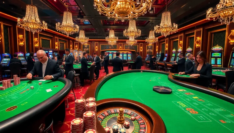 Excited gamblers playing in a luxurious casino scene showcasing https://king88.limited/ with vibrant tables and dealers.