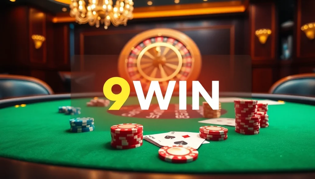 Experience thrilling poker action at 9WIN's luxury casino table with vibrant chips and roulette.